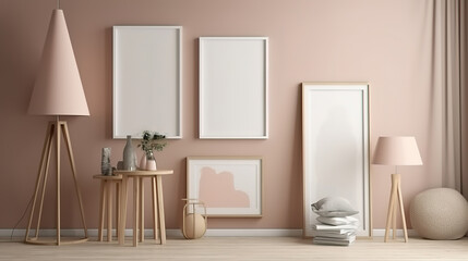 Fototapeta na wymiar Mock up poster frame in modern beige home interior. Generative Ai