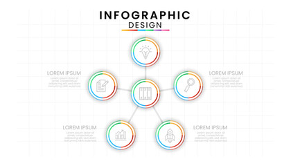 Business data process chart concept. Circle infographic icons designed for modern background template with 5 options, steps, parts.