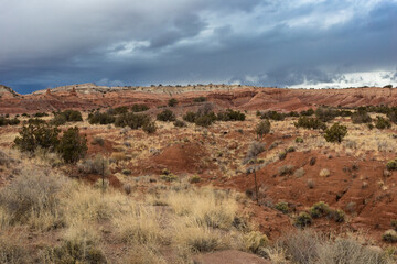 Geological red rock formations and desert brush with overcast sky