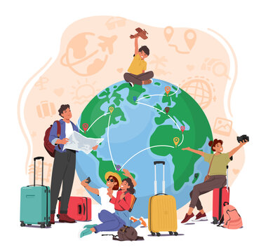 Group Of Travelers Is Depicted Around An Earth Globe With Various Travel Items. Image Promoting Travel Agencies