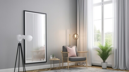 Mockup frame in Scandinavian living room interior, 3d render. Generative Ai