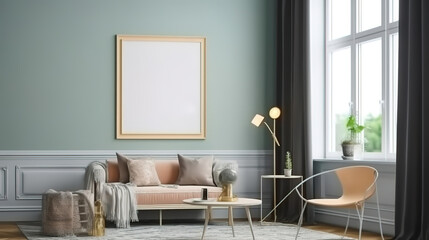 Mockup frame in Scandinavian living room interior, 3d render. Generative Ai