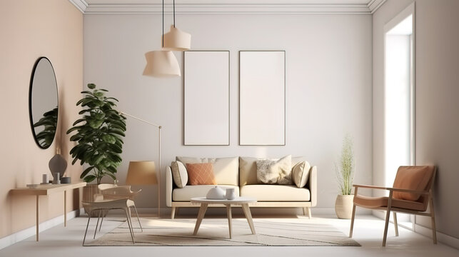 Mockup frame in Scandinavian living room interior. Generative Ai