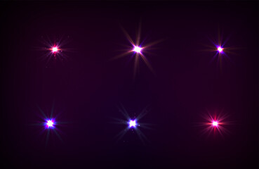 Blue and violet glowing effect. Purple glowing light. Lights sparkles isolated, lens flare, explosion, glitter, line, sun flash, spark and stars. Set of glowing stars. Vector illustration.	