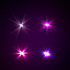 Blue and violet glowing effect. Purple glowing light. Lights sparkles isolated, lens flare, explosion, glitter, line, sun flash, spark and stars. Set of glowing stars. Vector illustration.	