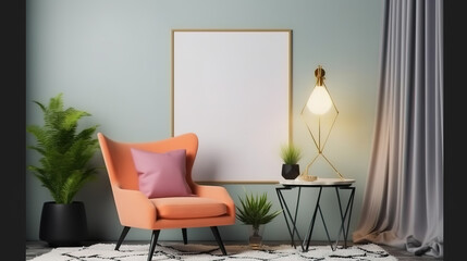 Poster frame mock-up in home interior background with armchair. Generative Ai
