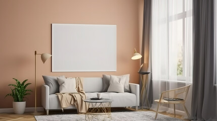 Poster frame mock-up in modern living room, furnished home interior background. Generative Ai