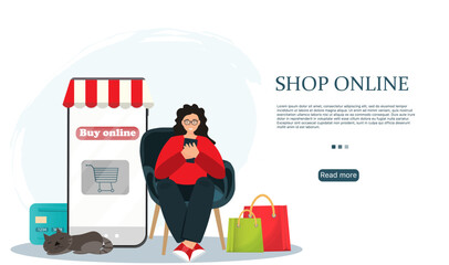 Woman shopping online, paying online with credit card on mobile app, shopping from concept, flat vector illustration