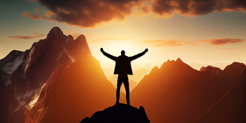 The concept of life success. Silhouette of a man with his arms raised in victory on the top of a mountain in the bright rays of the rising sun. Generative AI
