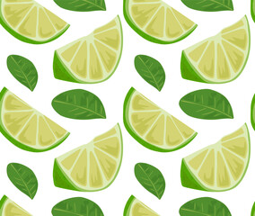 Lime slices with leaves. Seamless pattern in vector. Popular pattern with fruits. Suitable for print and background.