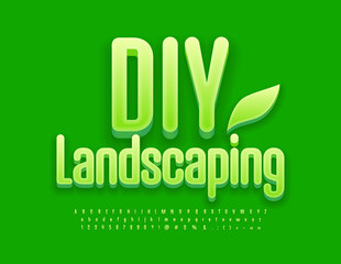 Vector eco sign DIY Landscaping with decorative Leaf. Stylish Green Font. Elegant set of modern Alphabet Letters, Numbers and Symbols
