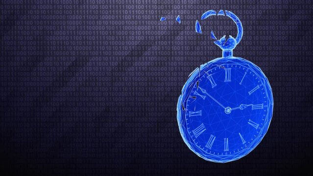 Three-dimensional pocket watch on dark binary background. 3D illustration.