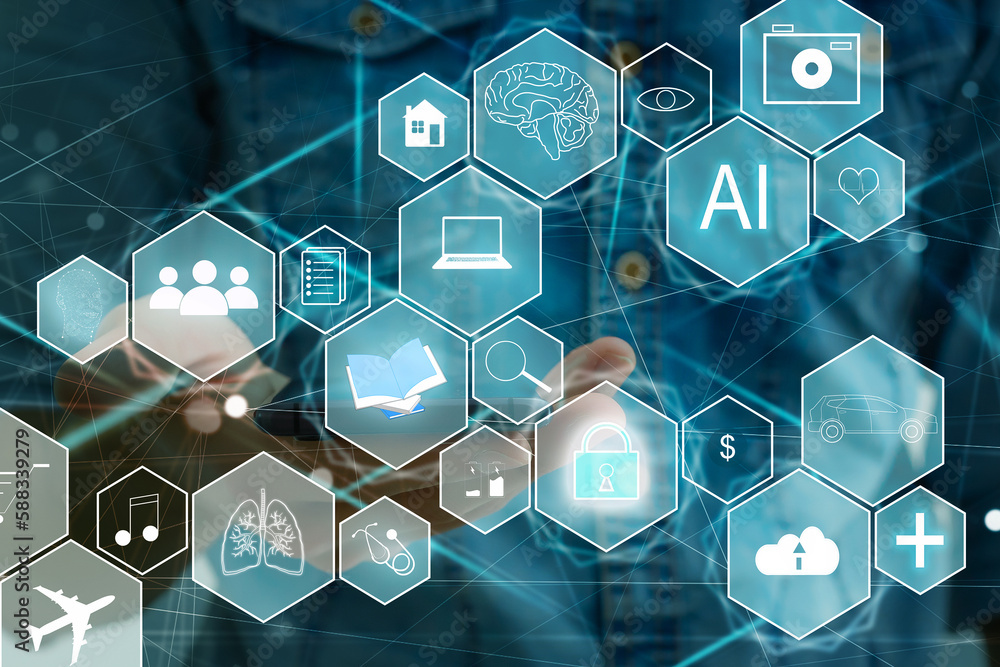 Poster ai tech, businessman show virtual graphic global internet connect chatgpt chat with ai, artificial i
