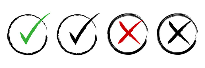 Obraz premium Tick mark and cross black signs. green and black checkmark ok, black and red x icons isolated on white background. vector graphics eps10