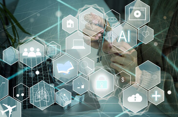 Artificial intelligence service business web computing IoT integration concept. AI gear icon on...