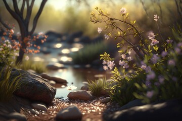 Beautiful landscape with plants and flowers. Magic spring background. Generative AI