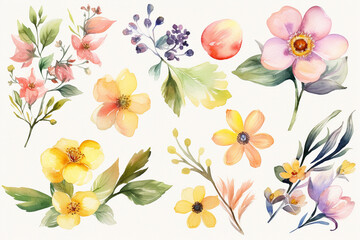 Beautiful flowers in watercolor technique on white background. Generative Ai 
