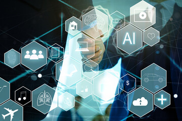 Business technology, IoT Internet of Things, Software development concept. Business man, working on digital tablet, laptop computer. Coding programmer developing mobile apps. Web icons, computer code.