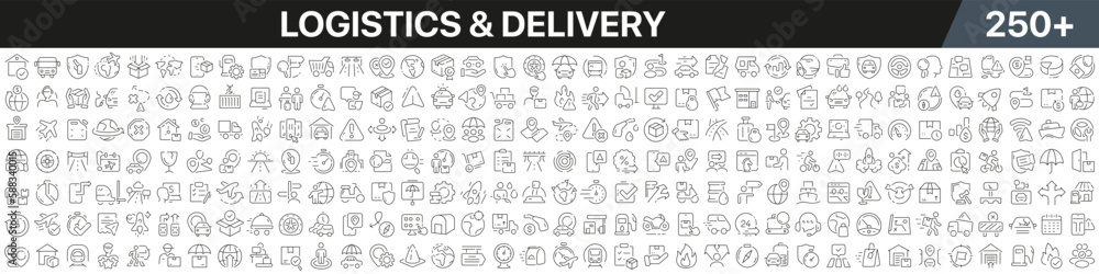 Aufkleber logistics and delivery linear icons collection. big set of more 250 thin line icons in black. logist