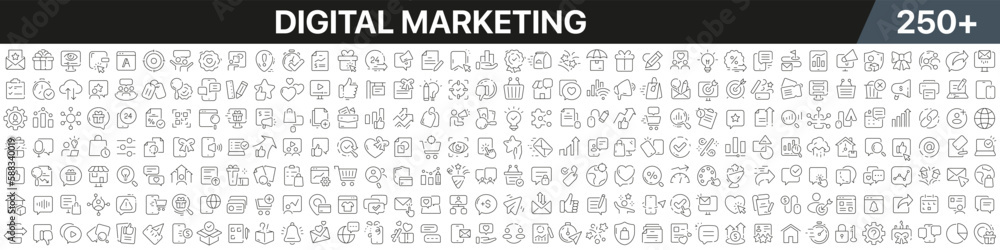 Poster digital marketing linear icons collection. big set of more 250 thin line icons in black. digital mar