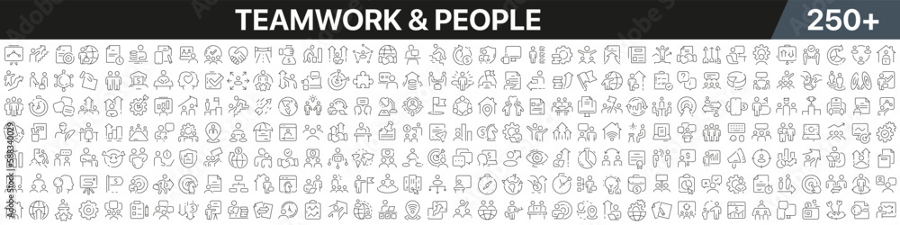 Aufkleber teamwork and people linear icons collection. big set of more 250 thin line icons in black. teamwork 