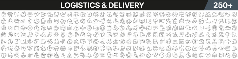 Obraz na płótnie Canvas Logistics and delivery linear icons collection. Big set of more 250 thin line icons in black. Logistics and delivery black icons. Vector illustration