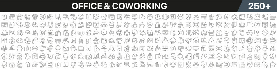 Office and coworking linear icons collection. Big set of more 250 thin line icons in black. Office and coworking black icons. Vector illustration