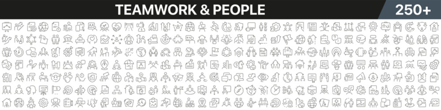 Teamwork and people linear icons collection. Big set of more 250 thin line icons in black. Teamwork and people black icons. Vector illustration