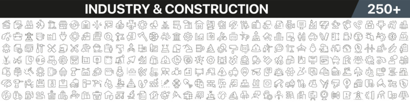 Industry and construction linear icons collection. Big set of more 250 thin line icons in black. Industry and construction black icons. Vector illustration