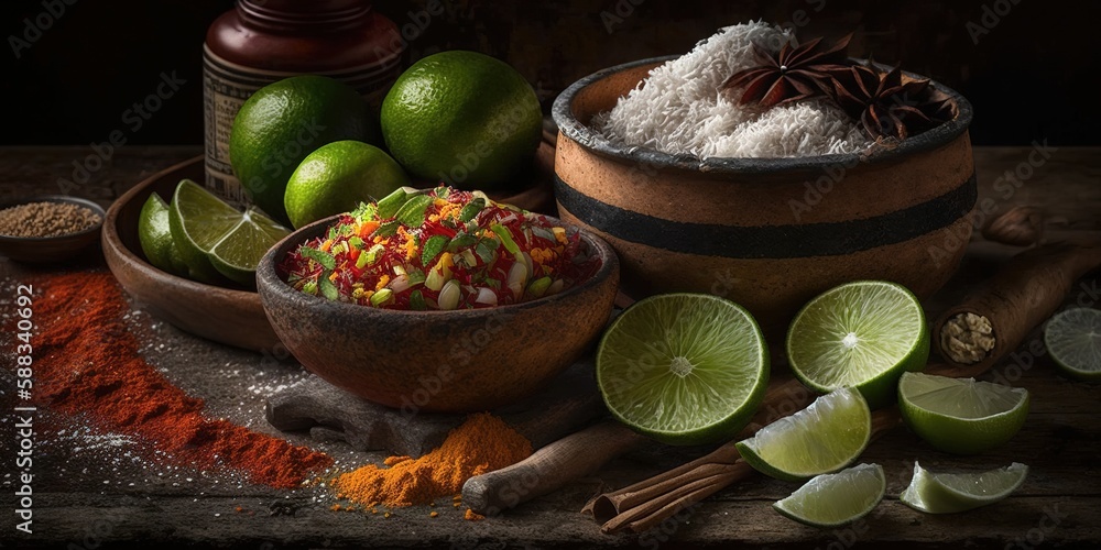Poster rice meals with lime and spices close by. generative ai