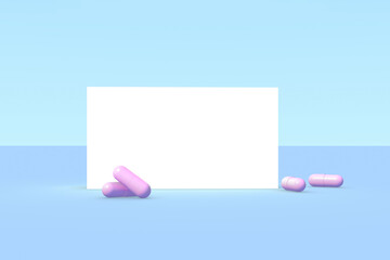 White clean box for the medicine mockup and capsule pills on blue background. Empty copy space for text. 3D Rendering.
