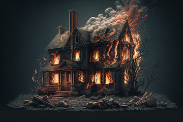 Obraz premium House on fire. Home conflagration or arson burning disaster with flames. Danger and destruction due to property blaze. Ai generated