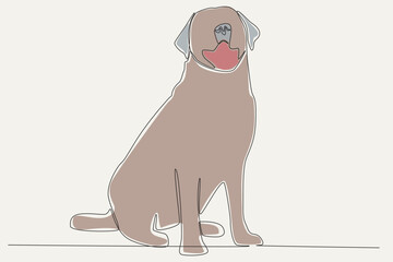 Color illustration of a dog sitting and looking up. Urban pet one-line drawing