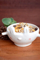Cute bowl of Granola with wood background and succulents. Vertical