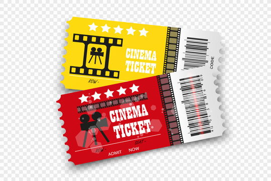 Vector cinema tickets isolated on transparent background. Realistic cinema entrance ticket.	
