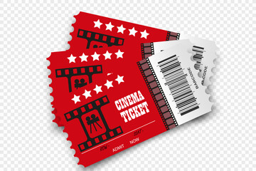 Vector cinema tickets isolated on transparent background. Realistic cinema entrance ticket.	
