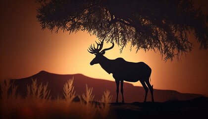 Fototapeta na wymiar deer or elk silhouette at sunset. world of wildlife. generative ai