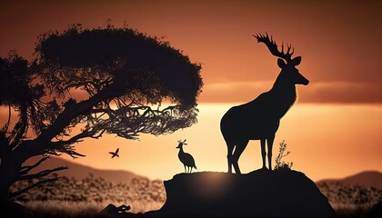 deer or elk silhouette at sunset. world of wildlife. generative ai