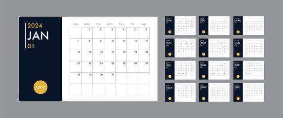 Calendar template for 2024 year. Planner vector diary in a minimalist style. Corporate and business calendar template. Day planner for records throughout the year. Week start on Sunday - obrazy, fototapety, plakaty