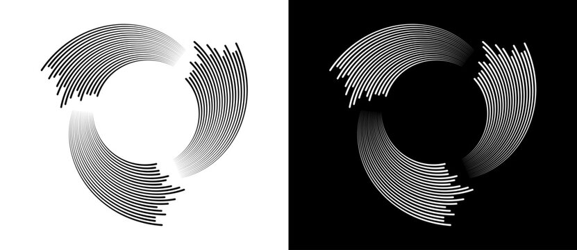 Circles with parallel lines and spiral perspective. A white circle on a black background and the same illustration with inverted colors.