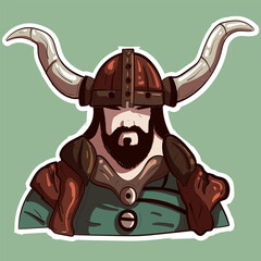 Vector illustration of a powerful viking with helmet and armour. Portrait drawing of a nordic man wearing fur and metal