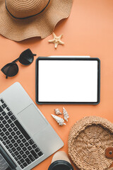 Tablet with isolated screen, summer background, vacation and travel concept