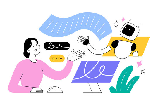 Person using AI chatbot to create a text, young woman gives a prompt to a chat bot, uses a virtual assistant for work to write articles, artificial intelligence concept, vector illustration