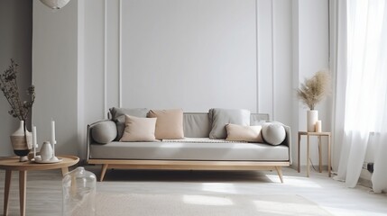 View of modern scandinavian style interior with sofa and trendy vase, Home staging and minimalism concept, ai