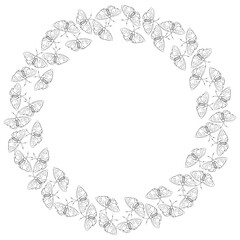 Vector round frame, border from contoured cute butterflys in doodle style. Simple background, decoration for spring, summer, holiday postcard, coloring page