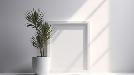 White square frame mockup in modern minimalist interior with plant in trendy vase on white wall background, Template for artwork, painting, photo or poster, ai