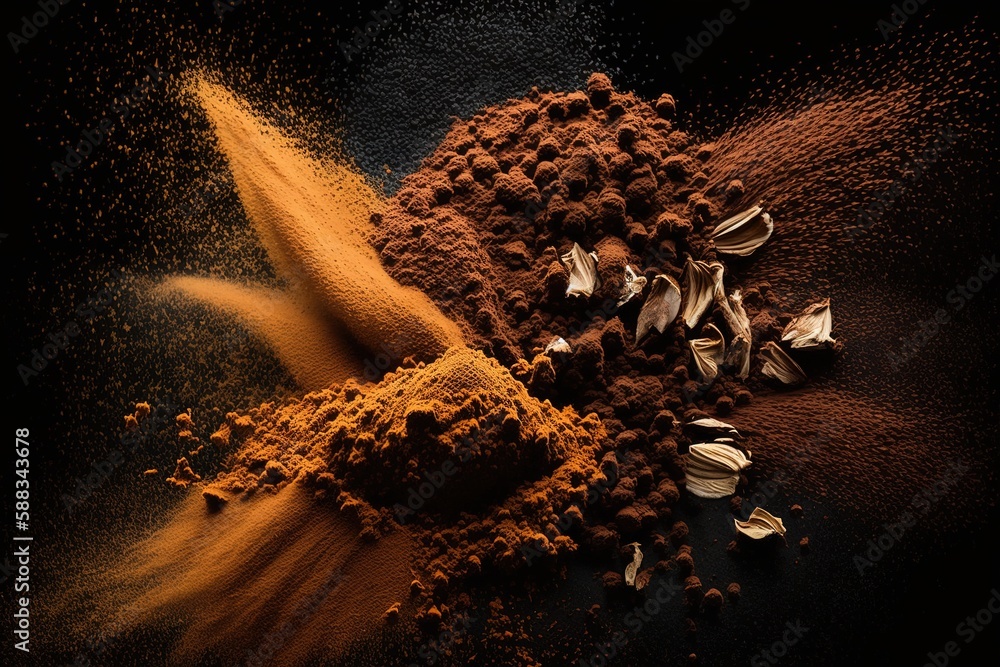 Aufkleber the powdered form of a spice sits on a black table from above. generative ai