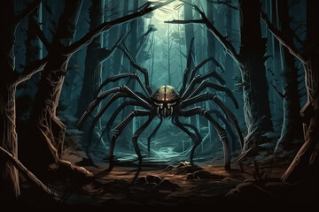 scary big spider in foggy forest at night. Generative AI illustration
