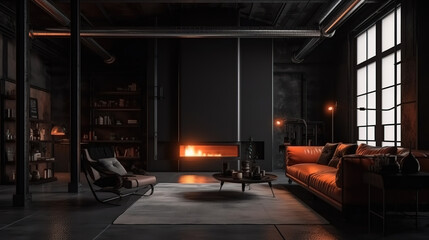 Obraz na płótnie Canvas Dark living room loft with fireplace, industrial style, 3d render. Generative Ai