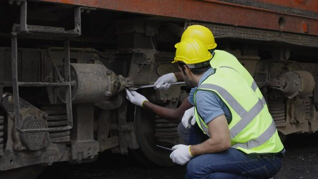 the heavy duty technicians working in the train garage 